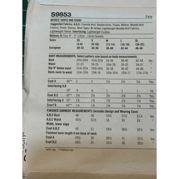 Simplicity S9853 Misses Coats & Scarf Sewing Pattern XS-XL Easy-To-Sew - Picture 3 of 4